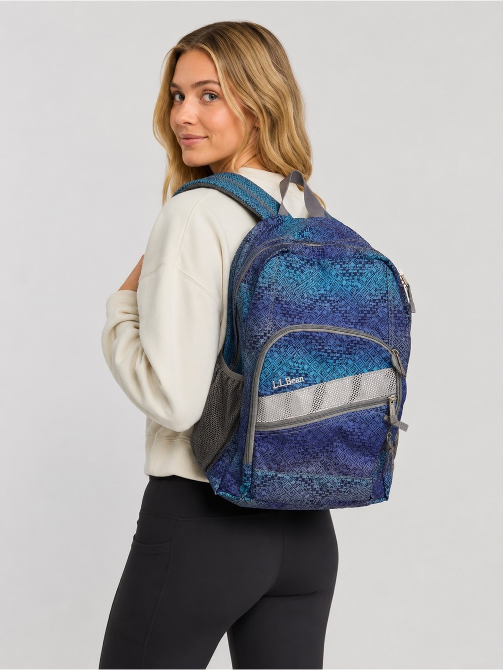 L.L.Bean Blue Geometric Print School Backpack Bookbag Gray Trim